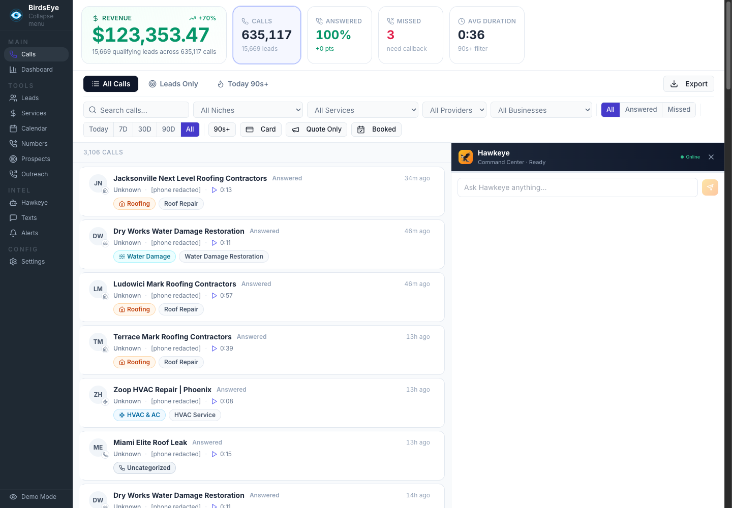 Real BirdsEye ROI calls screenshot with call list and service context