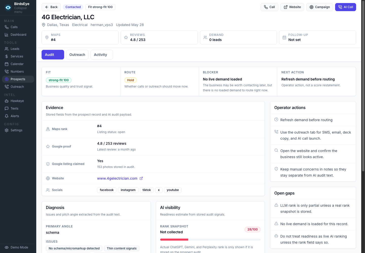 Real BirdsEye ROI prospect audit detail screenshot